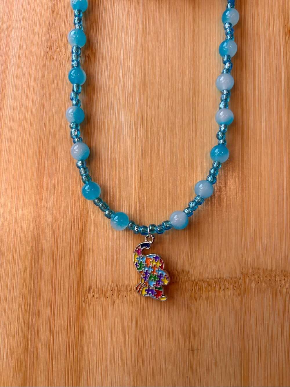 Blue Beaded Autism Awareness Elephant Pendant Necklace